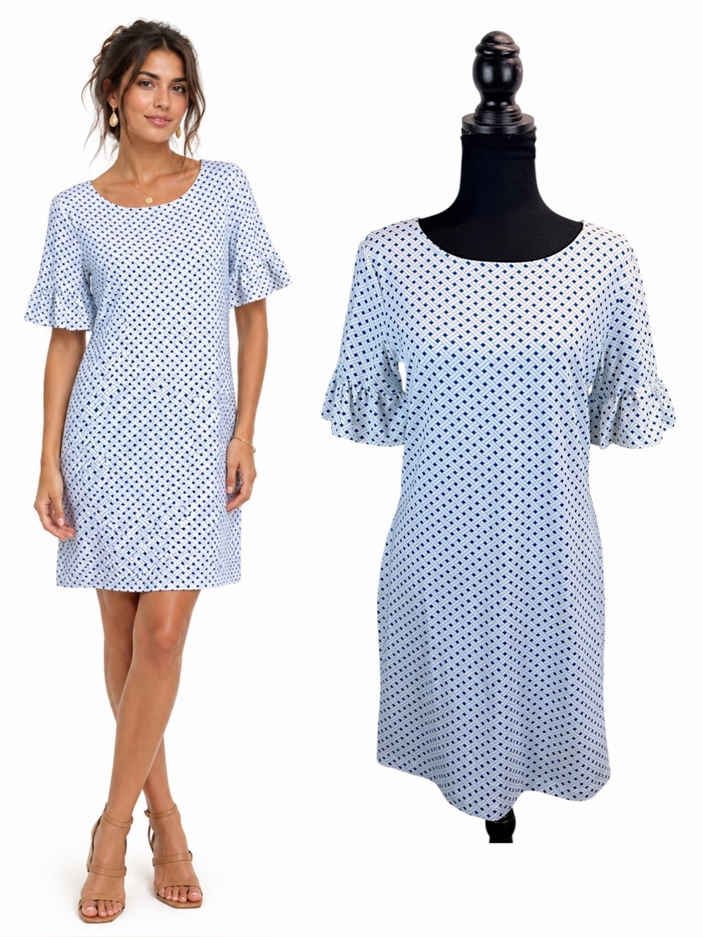 Sailor Sailor Blue White Geo Print Dress Ruffle Sleeve Coastal Preppy Small